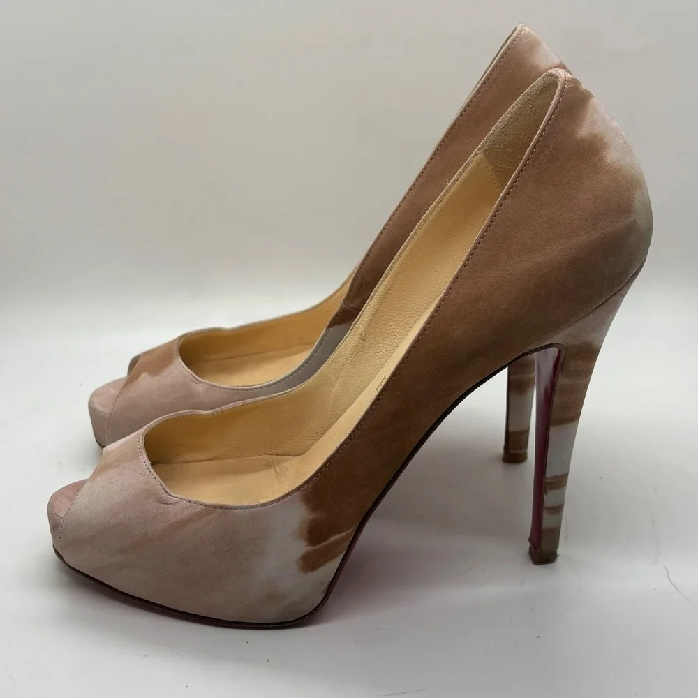 Christian Louboutin Marbled Tan Suede Peep Toe Platform Pumps Red Bottoms 37